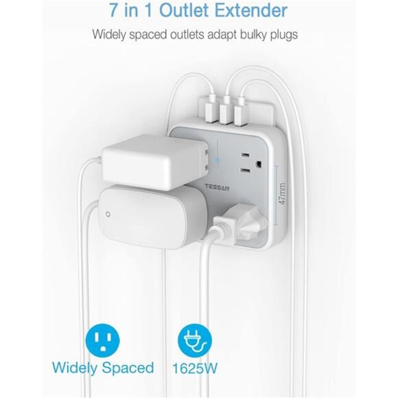 Multi Plug Outlet Extender with USB, TESSAN Surge Protector Splitter 3 USB Wall - Picture 3 of 7